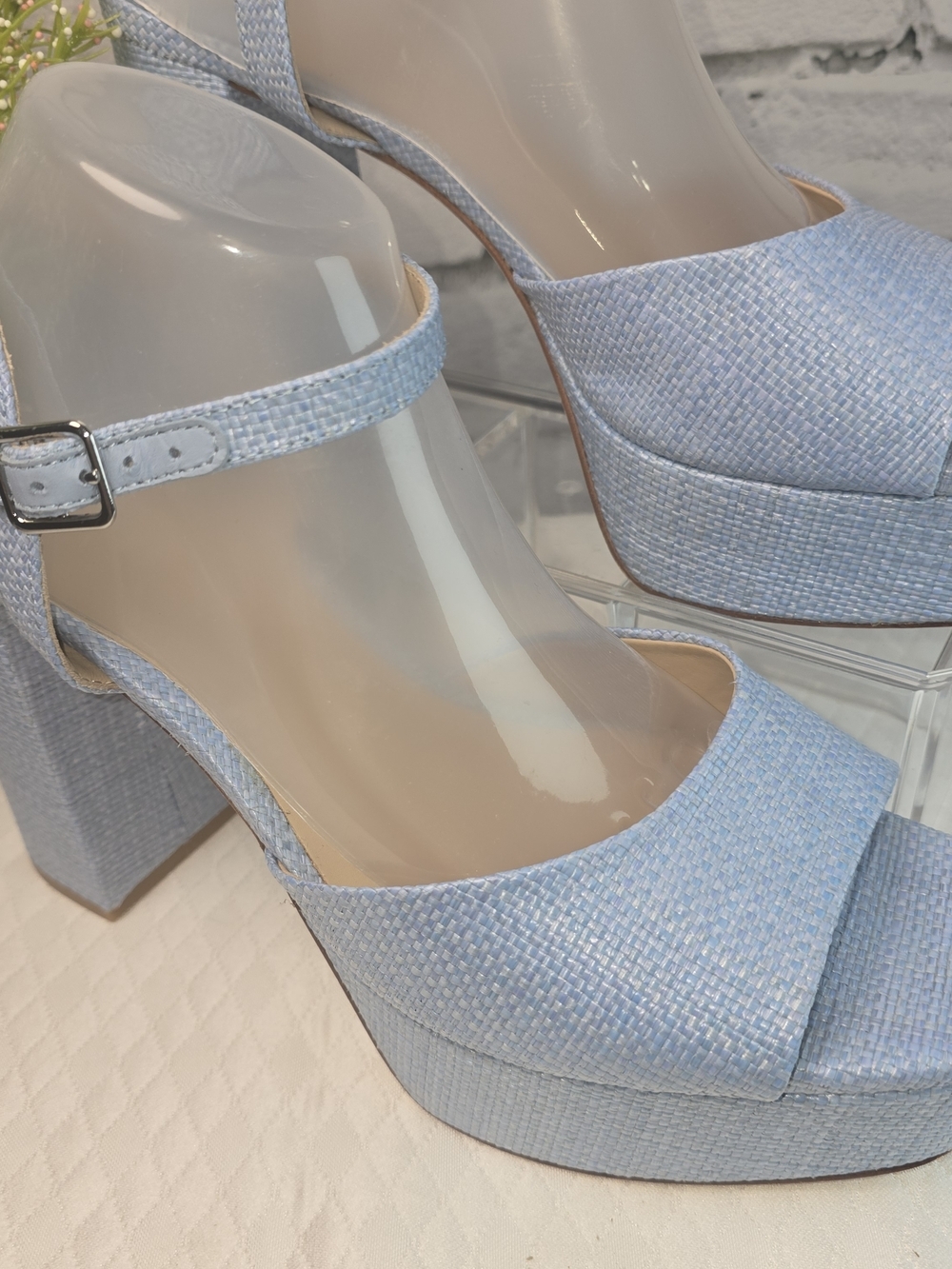 ANTONIO MELANI BONNY RAFFIA PLATFORM BLOCK HEEL POWDER BLUE SANDALS WOMENS 10M